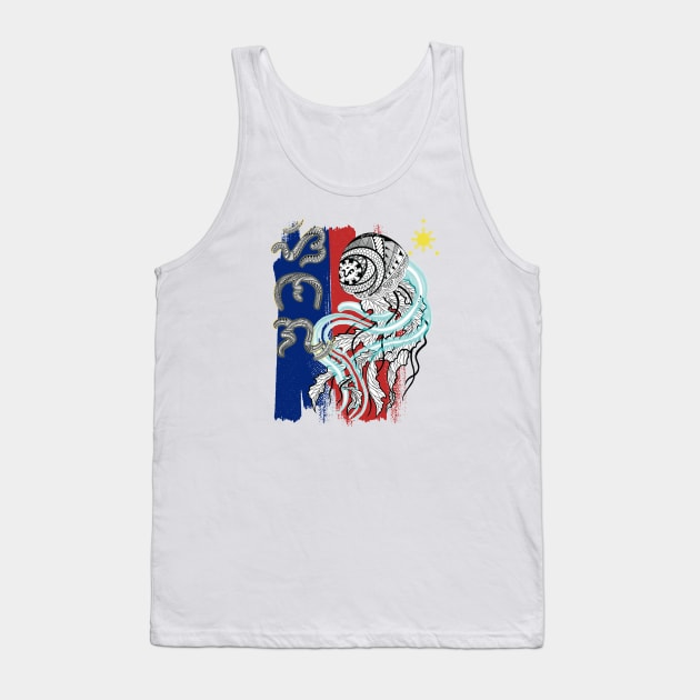 Philippine Flag-Tribal line Art Jellyfish / Baybayin word Sinag (Flash of light) Tank Top by Pirma Pinas